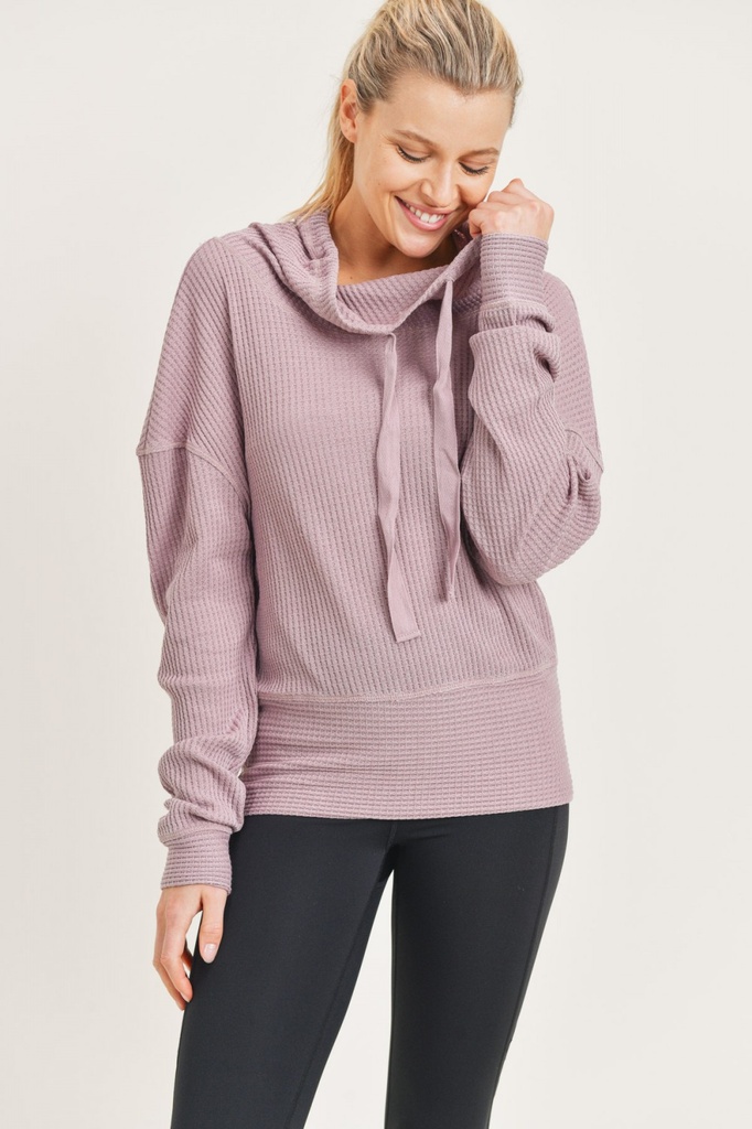 WAFFLED COWL NECK PULLOVER