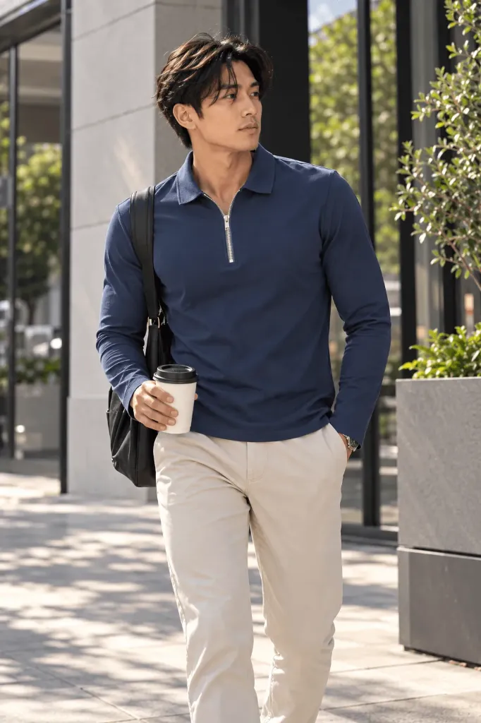 ZIPPED CASUAL LONG SLEEVE POLO