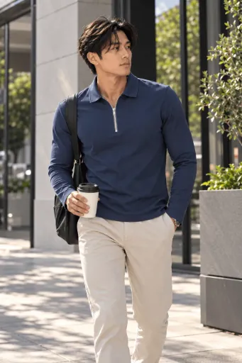 ZIPPED CASUAL LONG SLEEVE POLO